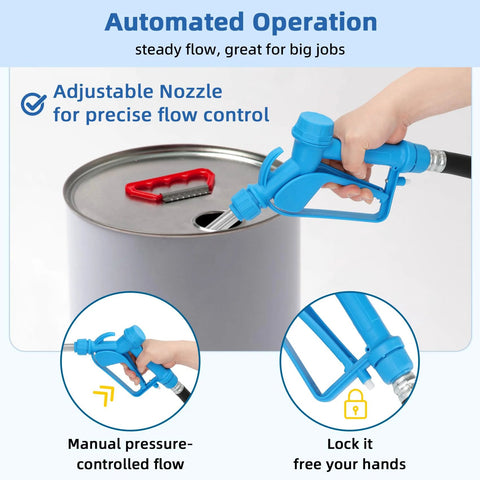 Electric Drum Barrel Pump, 12V DC/100-240V AC Power with adjustable nozzle on 55 gallon drum