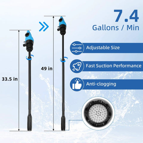 Electric Drum Barrel Pump, 12V DC/100-240V AC Power, shown with adjustable size and anti-clogging feature for 55 Gallon Drum.