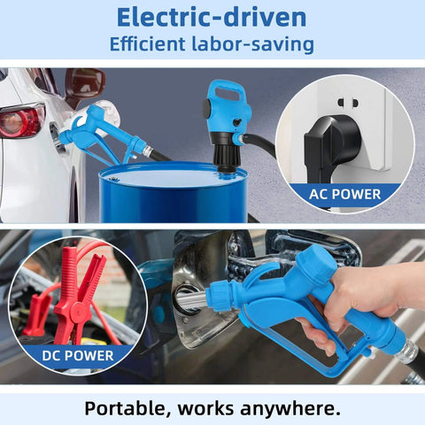 Electric Drum Barrel Pump, 12V DC/100-240V AC Power in use for car refueling, showing DC and AC power options, 55 Gallon Drum System