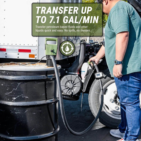 Person using TERA PUMP - Electric 55 Gallon Drum Pump with digital flow meter to transfer liquid from drum