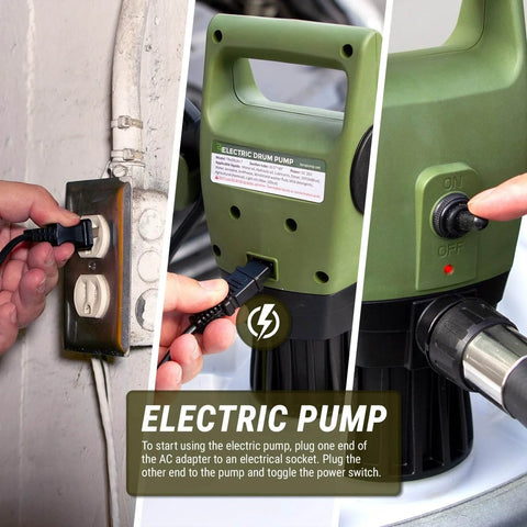 TERA PUMP Electric Transfer Drum Pump plugged in and switched on, showing AC power setup for 55 Gallon Drums and 275 Gallon IBC Totes