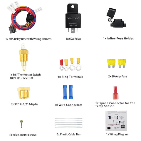 Electric Fan Relay Kit 12V 60A With Waterproof Four Pin Relay And Thermostat Control Switch components including relay, fuse holder, thermostat switch, and wiring diagram.