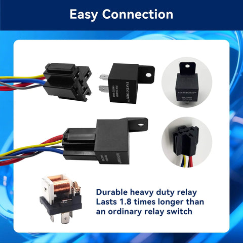 Close-up of Electric Fan Relay Kit 12V 60A with waterproof relay, four pins, wiring harness, and thermostat for radiator cooling.