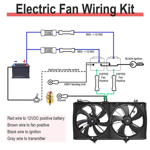 Dual 12V Electric Fan Relay Kit With 40A Relays And 185 Degree Thermostat Switch wiring diagram and fan setup