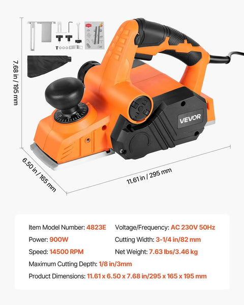 Effortlessly smooths stock, edges, and chamfers with a 7 Amp corded electric hand planer, featuring a 3 and 1 quarter inch cut width, 16800 RPM, adjustable depth, and dual blades for precise removal and a durable professional finish