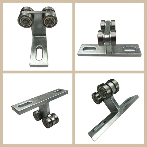 Electric Hoist Installation Roller Trolley Four Wheel Assembly Silent Operation For Use With One And Five Eighths Inches Wide Strut Channel Or Taller Heavy Duty Galvanized Steel Construction Two Way Moving Design, shown in various angles