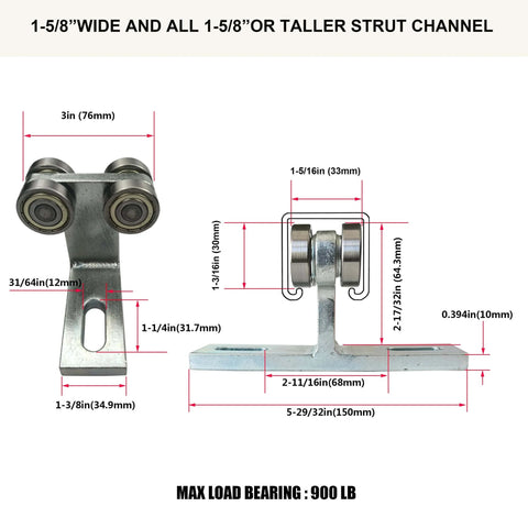 Dimensions of ✝️ Electric Hoist Installation Roller Trolley 4 Wheel Trolley Assembly Silent for use with 1-5/8" Wide and All 1-5/8" or Taller Strut Channel (Silver 2), showing width and height measurements.
