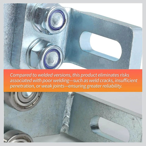 Close-up of galvanized steel electric hoist trolley, highlighting six-wheel design for smooth garage lifts on strut channels.