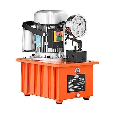 Electric Hydraulic Pump, 10000 PSI 750W 110V, 488 in³/8L Capacity with manual valve, front view with pressure gauge and control buttons.