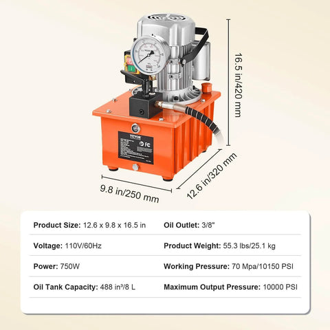 Electric Hydraulic Pump, 10000 PSI 750W 110V, 488 in³/8L Capacity with manual valve, orange unit front view.