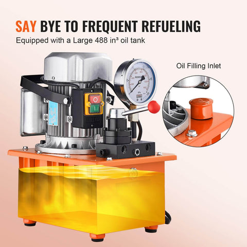 10000 PSI 750W 110V 488 in³/8L Capacity, Double Acting Manual Valve, Electric Driven Hydraulic Pump Power Pack Unit, Oil Inlet View, Orange