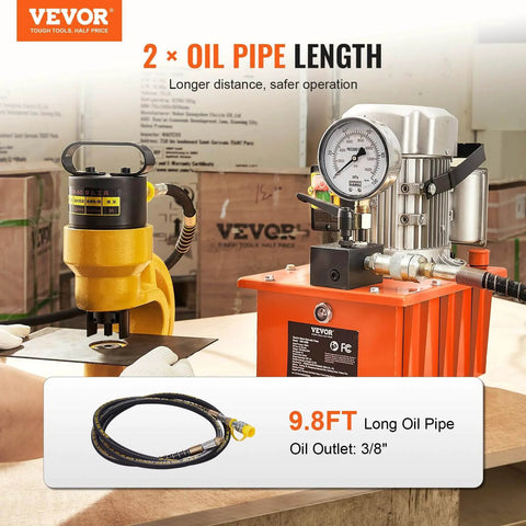 Electric Hydraulic Pump, 10000 PSI 750W 110V with long oil pipes and gauge, suitable for punching and bending on a workbench.