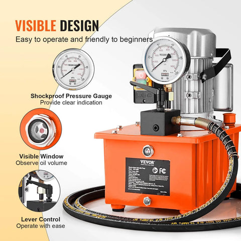 Electric Hydraulic Pump, 10000 PSI 750W 110V with gauge and lever control, shockproof design, visible window, 8L capacity