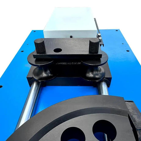 Close-up of 7HP Programmable Electric Hydraulic Tube And Pipe Bender with 3 Inch And 2-3/8 Inch Dies Included, showing metal components.
