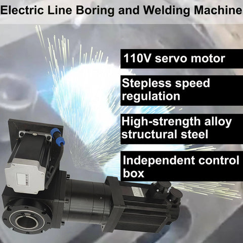 Workhorse Portable Line Boring And Welding Machine Bore Welder Kit With 3mm Infeed Depth On One Side For Excavator Crane And Loader Repair 110V XTD50 Servo Boring Equipment For A3 Steel shown with electric motor and sparks in background