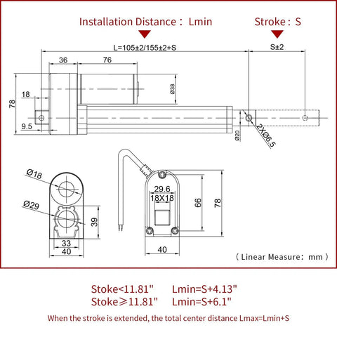 Technical drawing of Electric Linear Actuator with 250mm Stroke and 9.84 Inches Travel, 220 Lbs Thrust, 12V DC, aluminum body