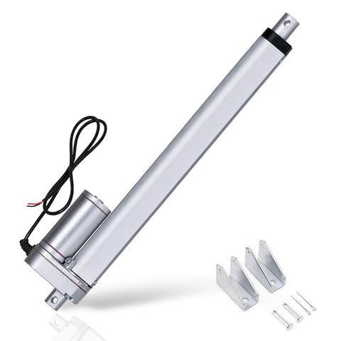 Linear actuator with aluminum finish and mounting brackets visibly displayed.