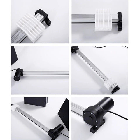 Banapoy electric linear actuator slide block on aluminum rail with white ribbed slider, front view
Banapoy electric linear actuator on aluminum rail with white slider, side view
Banapoy electric linear actuator rail with end caps, side view
Banapoy electric linear actuator with white slider on aluminum rail, angled view
Banapoy electric linear actuator installed under recliner frame on aluminum rail
Banapoy electric linear actuator motor housing with wiring, close-up view