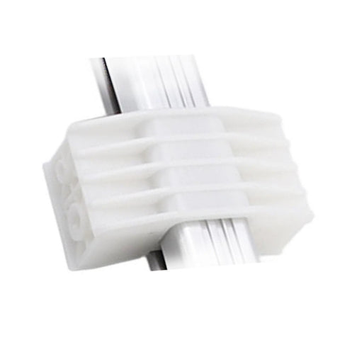 Electric linear actuator slide block, white plastic housing on metal rail, side view