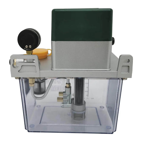 Front view of Electric Automatic Lubrication Pump 220V 3L Gear Pump for Machine Tools with transparent tank and pressure gauge