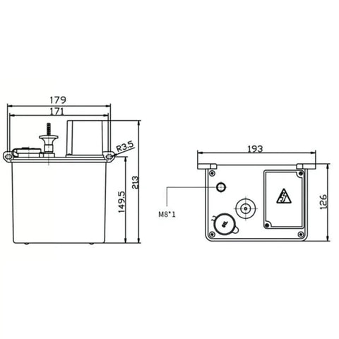 Technical diagram of Electric Intermittent Lubrication Pump for CNC Machines, Automatic Oil Pump Lubricator dimensions shown