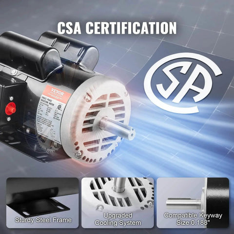 5HP Air Compressor Electric Motor, 230V 25 Amps, 56HZ Frame 3450RPM, 7/8" Keyed Shaft, 2.25" Shaft Length, Single Phase, CCW/CW