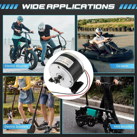 24V 250W Brushed Permanent Magnet Electric Motor Generator with uses in e-scooters, e-bikes, go-karts, and mini bicycles.