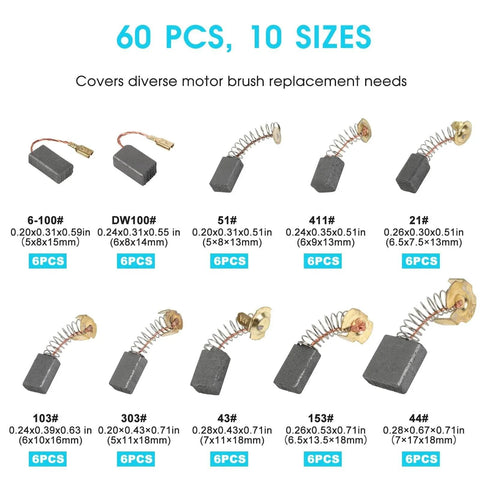 60 Pcs Electric Motor Carbon Brushes Set, 10 Assorted Sizes Graphite & Copper Replacement Parts for Power Tools image