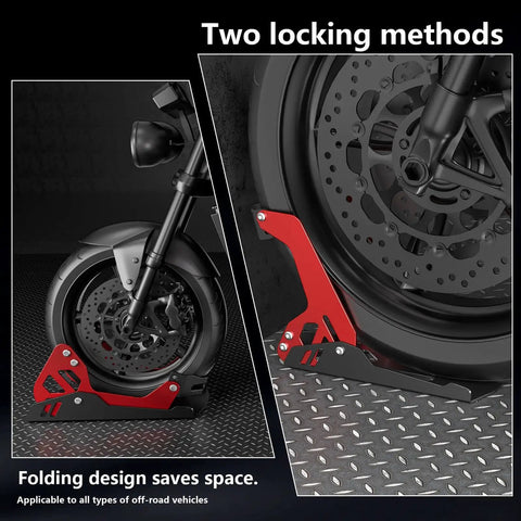 Heavy Duty Electric Dirt Bike Wheel Chock and Trailer Stand 1800 Lb Capacity Universal 8 To 21 Inch Wheel shown on bike
