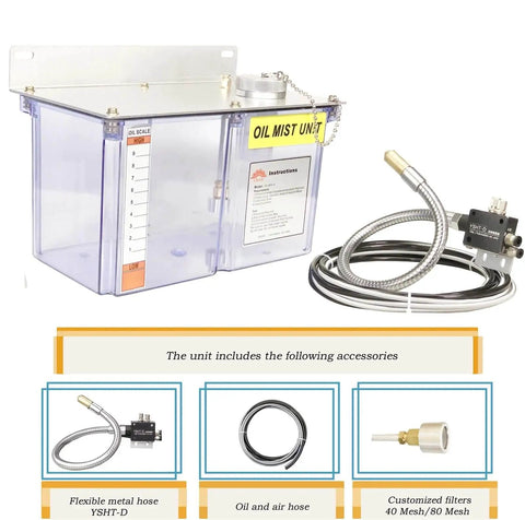 4 Liter Electric Oil Lubrication Sprayer Pump with Micro Cooling and Auto Central Lubrication System, tank and accessories displayed.