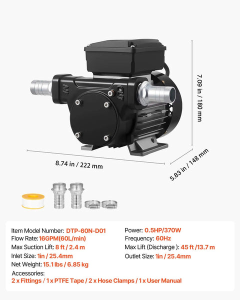Workhorse 16 GPM Oil Transfer Pump For Diesel Kerosene Biodiesel From VEVOR 110V AC Electric Fuel Transfer Pump side view