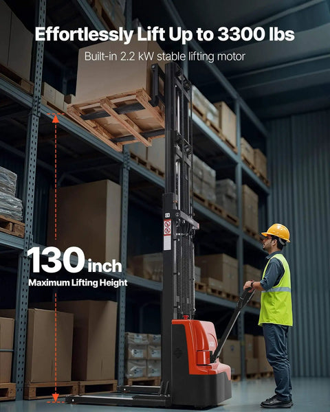 Electric Pallet Stacker That Handles 3300 Lb Loads Like Boss, 130 Inch Lift Height, Straddle Legs and Forks, warehouse use