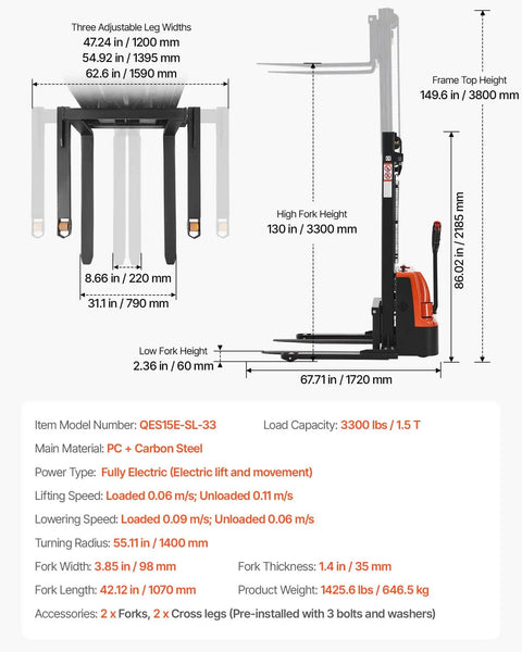 Electric Pallet Stacker That Handles 3300 Lb Loads Like Boss, 130 Inch Lift Height, Straddle Legs and Forks, Orange and Black