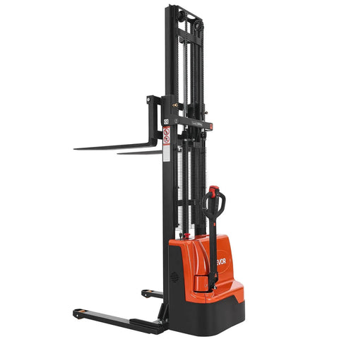 Electric Pallet Stacker That Handles 3300 Lb Loads Like Boss, 130 Inch Lift Height, Straddle Legs and Forks, Orange and Black
