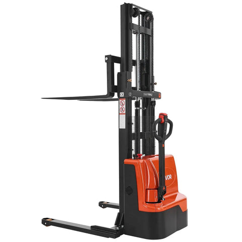 Side view of Powerful Fully Electric Pallet Stacker That Handles Up To 3300 Lbs Like A Boss, Lifts Up To 98.4 Inches, Straddle Legs.