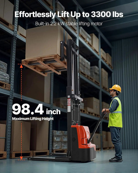 Powerful Fully Electric Pallet Stacker That Handles Up To 3300 Lbs Like A Boss, Lifts Up To 98.4 Inches, Orange and Black by VEVOR