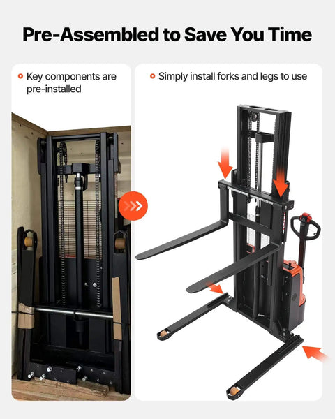 Powerful Fully Electric Pallet Stacker That Handles Up To 3300 Lbs Like A Boss, Lifts Up To 98.4 Inches, pre-assembled and parts marked