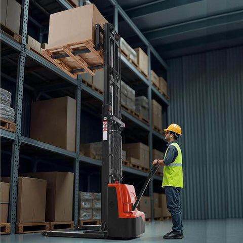 Electric Pallet Stacker That Handles 3300 Lb Loads Like Boss, 130 Inch Lift Height, orange and black in warehouse