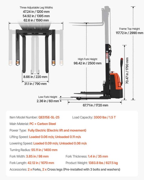 Diagram of Powerful Fully Electric Pallet Stacker That Handles Up To 3300 Lbs Like A Boss, Lifts Up To 98.4 Inches, by VEVOR.