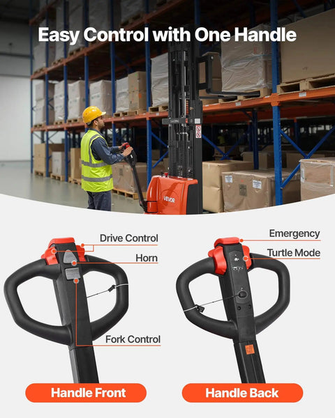 Warehouse worker operating Powerful Fully Electric Pallet Stacker That Handles Up To 3300 Lbs Like A Boss, Lifts Up To 98.4 Inches