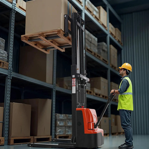 Powerful Fully Electric Pallet Stacker That Handles Up To 3300 Lbs Like A Boss, Lifts Up To 98.4 Inches, Straddle Legs And Forks For Easy Pallet Handling, Adjustable Fork Width From 8.66 To 31.1 Inches, 2.2KW Motor, Orange And Black By VEVOR in a warehouse lifting a large pallet.