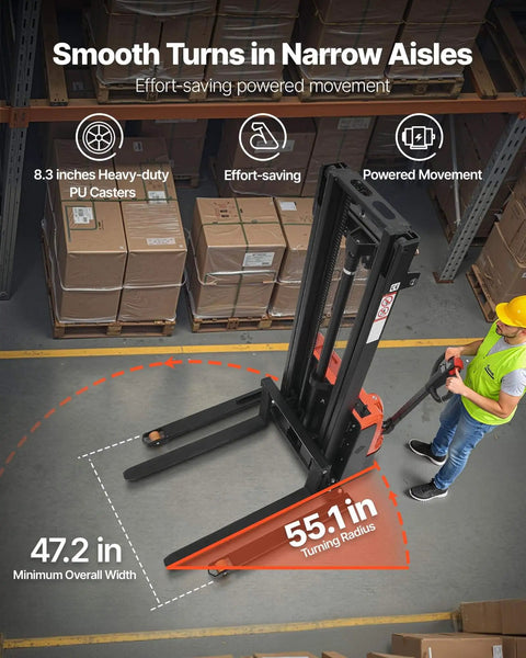 Powerful Fully Electric Pallet Stacker That Handles Up To 3300 Lbs Like A Boss, Lifts Up To 98.4 Inches, Straddle Legs And Forks For Easy Pallet Handling, Adjustable Fork Width From 8.66 To 31.1 Inches, 2.2KW Motor, Orange And Black By VEVOR shown maneuvering in warehouse with worker.