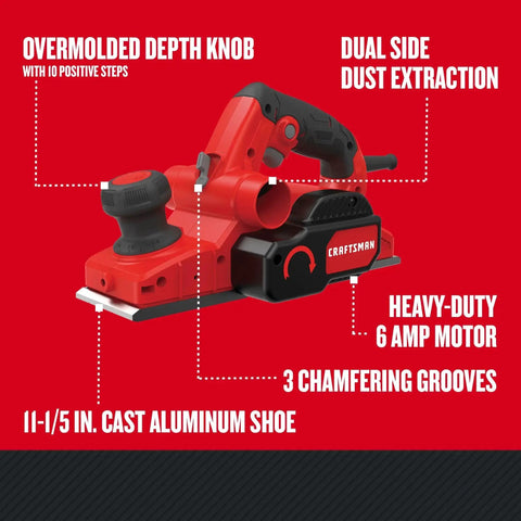 Electric Handheld Planer With 6 Amp Motor For Fast Smooth Planing In Wood Plastics And Composites Including Cabinets Trim And Doors Eleven Point Five Inch Aluminum Shoe Dual Dust Extraction For Cleaner Surfaces And Reduced Mess Ideal For Soft And Hard