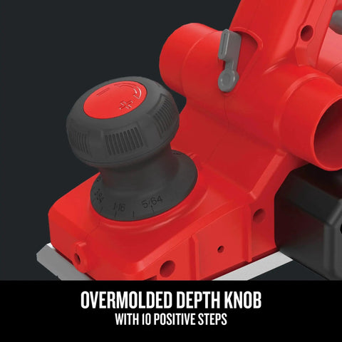 Close-up of Electric Handheld Planer with 6 Amp motor showing overmolded depth knob and 11.5 inch aluminum shoe.