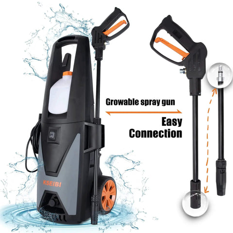 1300 PSI Electric Pressure Washer With Aluminum Pump 135 Bar for Cars Patio and Outdoor Cleaning, showing growable spray gun and connection.
