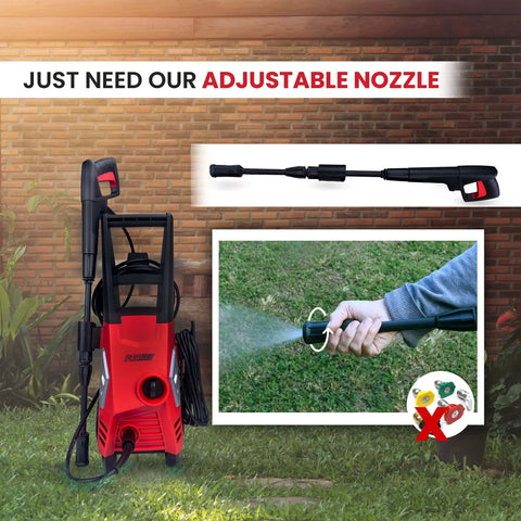 Electric Pressure Washer 1950 PSI 1.45 GPM With Adjustable Nozzle for cleaning patios and cars, showing spray nozzle and water action.