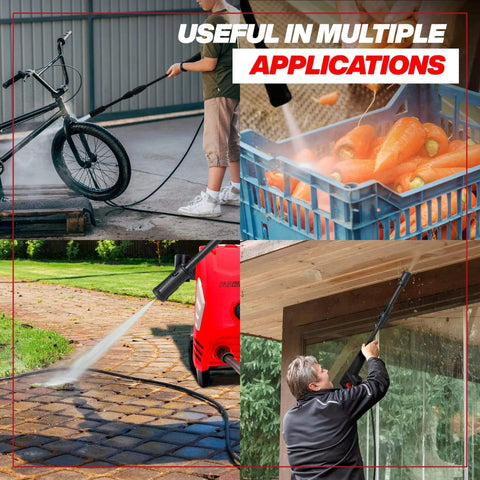 Electric Pressure Washer 1950 PSI 1.45 GPM With Adjustable Nozzle cleaning bike, vegetables, driveway, and windows