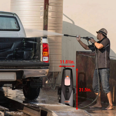 Man using 1300 PSI Electric Pressure Washer With Aluminum Pump 135 Bar For Cars Patio And Outdoor Cleaning on a truck