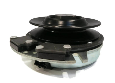 Side view of Electric PTO Clutch for 2006 Country Clipper Jazee SR100, SR105, SR200, SR300 showing round metal pulley and connectors.