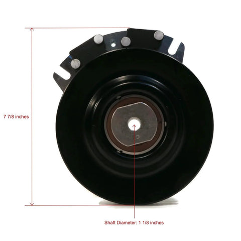 Front view of Electric PTO Clutch for Hustler 601311 fits Series ATZ, Z4, Super Z, w/XR-7 Deck, black metal with specifications.